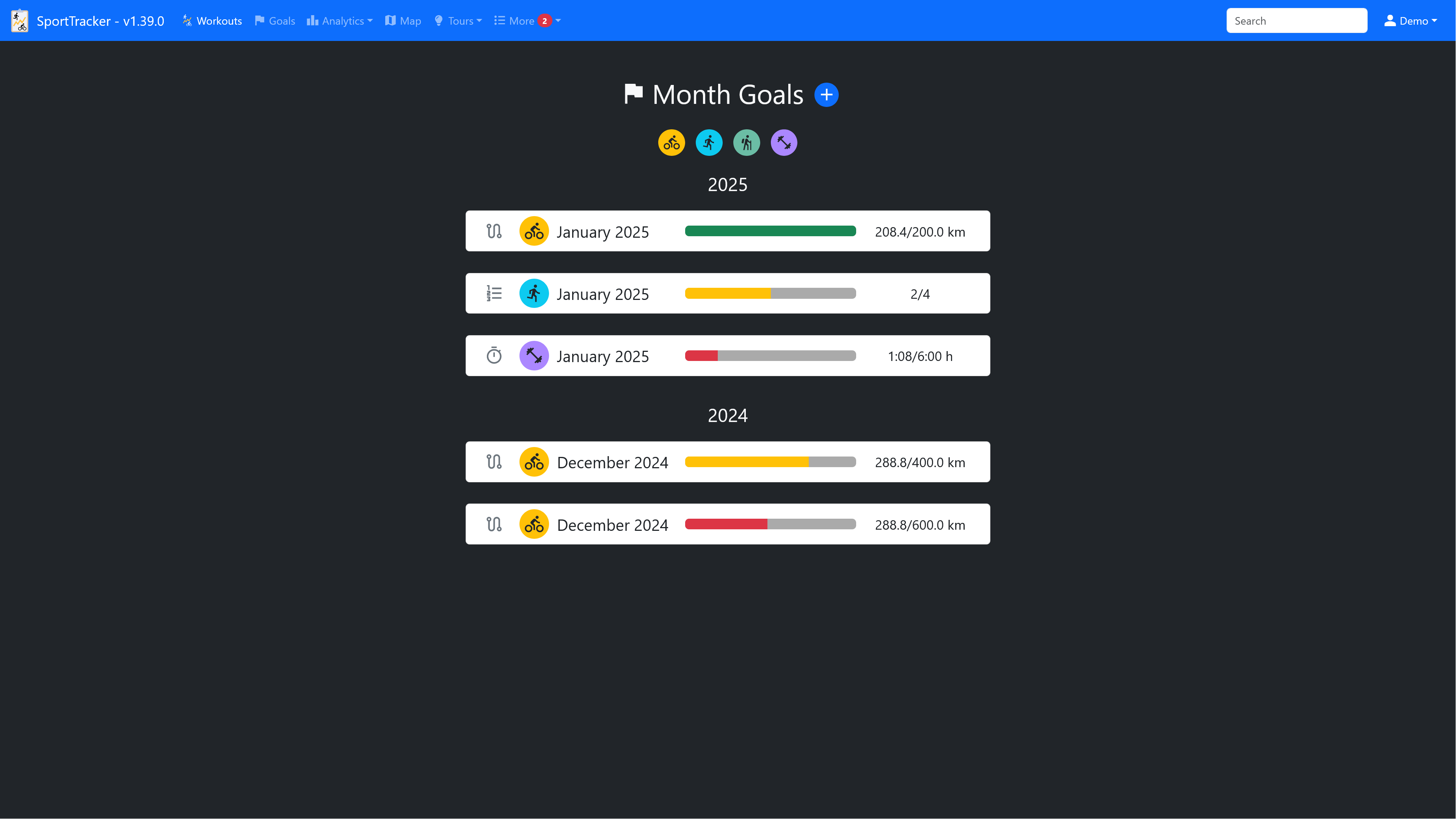 Month goals with progress bars